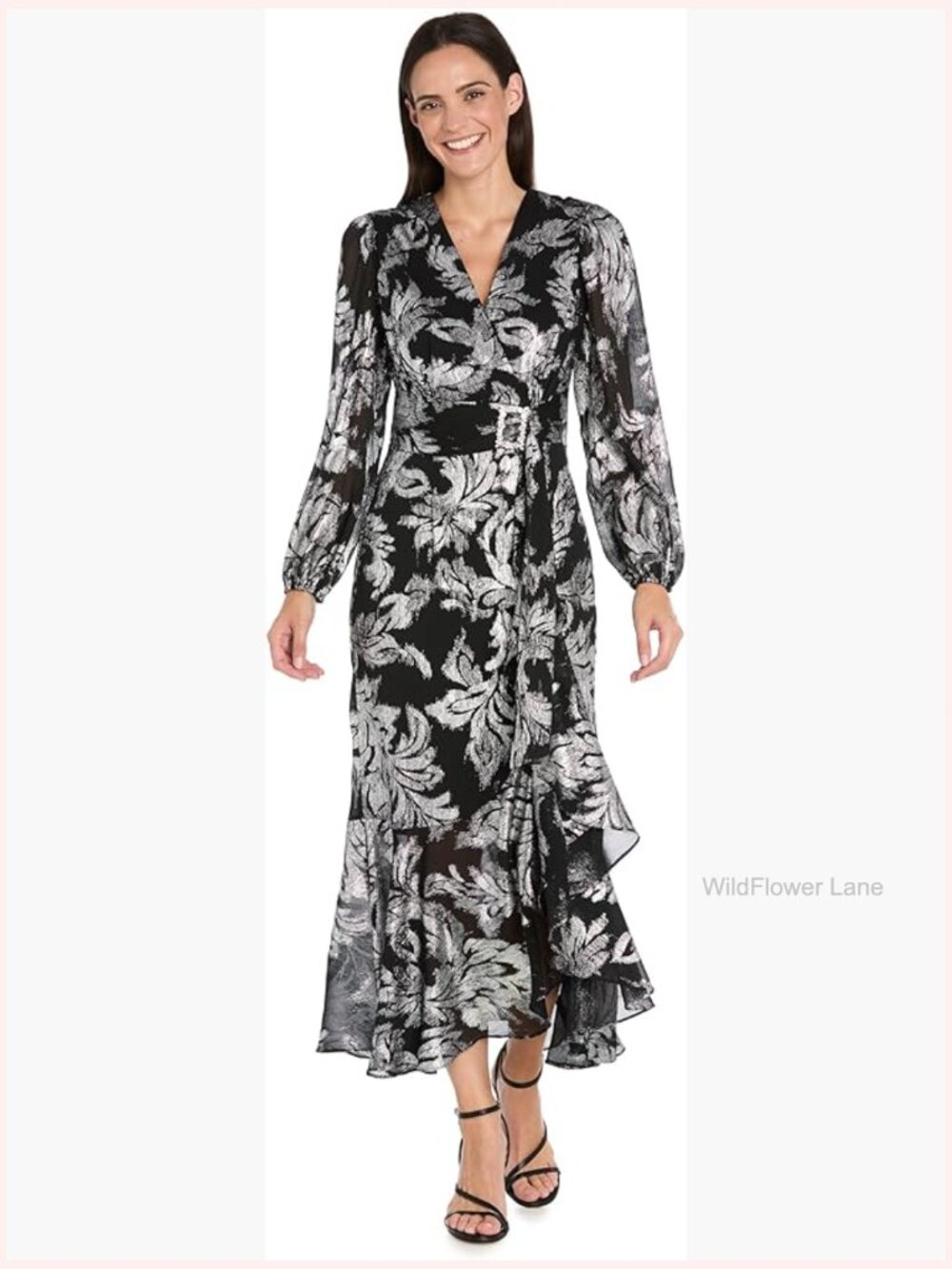 Faux Wrap Midi Dress with Rhinestone Buckle & Cascading Ruffle Hem